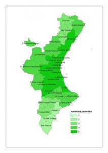 Mapa de idoneidad de la paulownia en la Comunidad Valenciana (1: menor idoneidad; 5: mayor idoneidad)