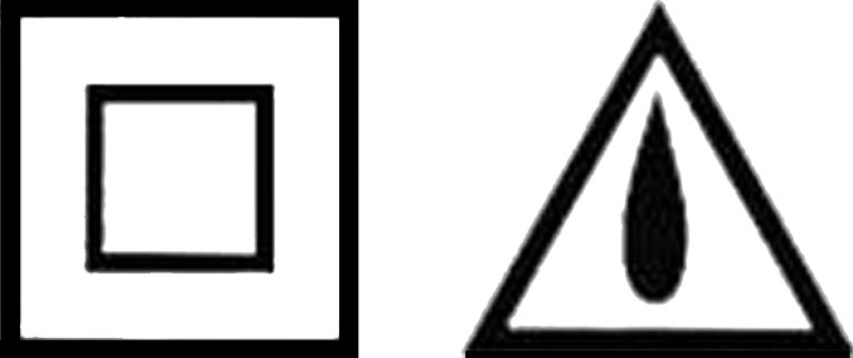 A la izda., el símbolo de protección del cableado con doble aislamiento y a la dcha., el icono que indica la protección contra la lluvia.