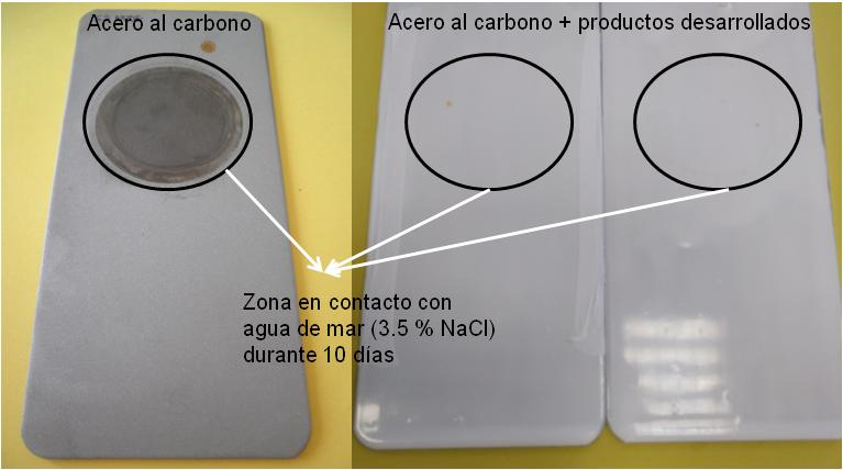 Fotografías de placas de acero al carbono sin recubrir (izquierda) y recubiertas (centro y derecha) con los productos desarrollados después de ser expuestas 10 días a agua de mar (3.5 % en peso NaCl). El círculo negro marca el área expuesta al agua de mar.