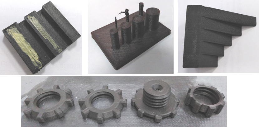 Artefactos que contribuyen a determinar los procedimientos de diseño para fabricar piezas poliméricas mediante tecnologías de fabricación aditiva. Muestras fabricadas en la tecnología FCC del fabricante Markforged.