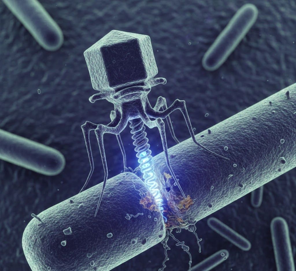 La imagen muestra un bacteriófago de tipo clásico interactuando con una bacteria.